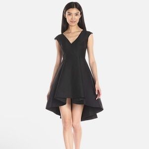 Halston Heritage black cotton & silk size 8 high low v neck cap sleeve fit flare